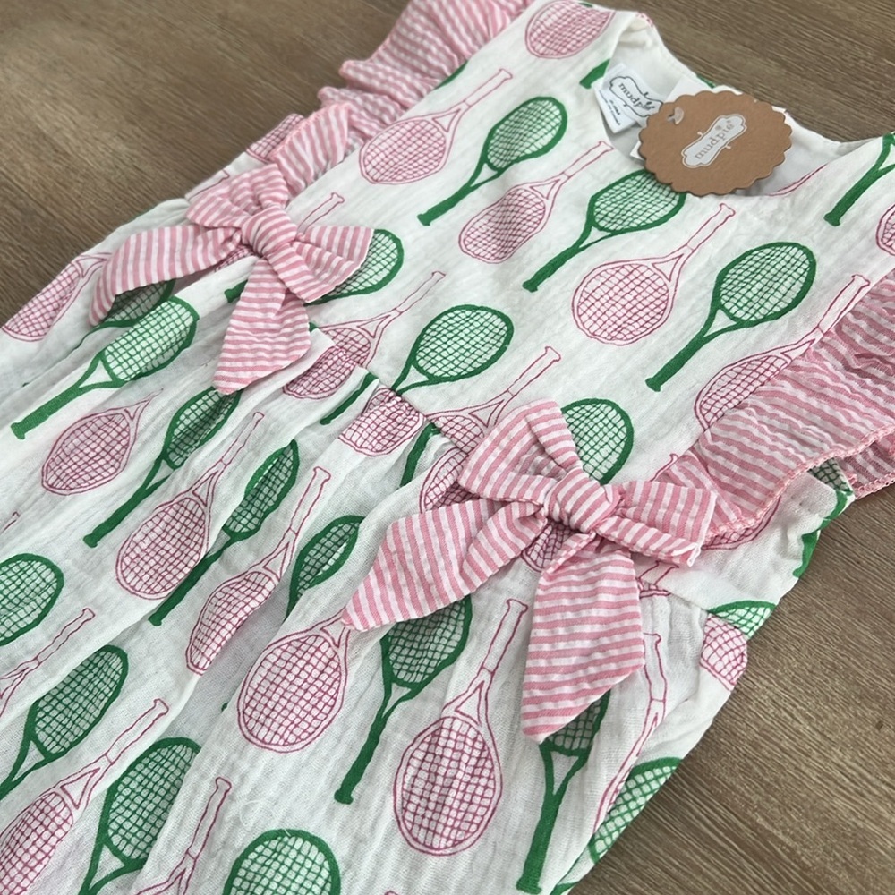 Mudpie Baby Girl Cotton Tennis Seersucker Romper Longall 6-9 months - Picture 4 of 6